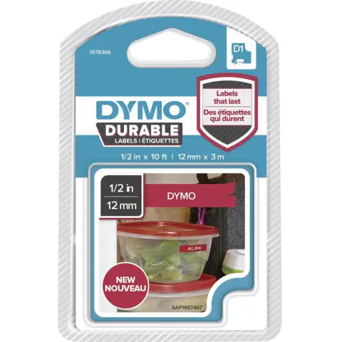 Dymo taĹ›ma do drukarek etykiet, D1 Durable | 12mm x 3m | biaĹ‚y/czerwony